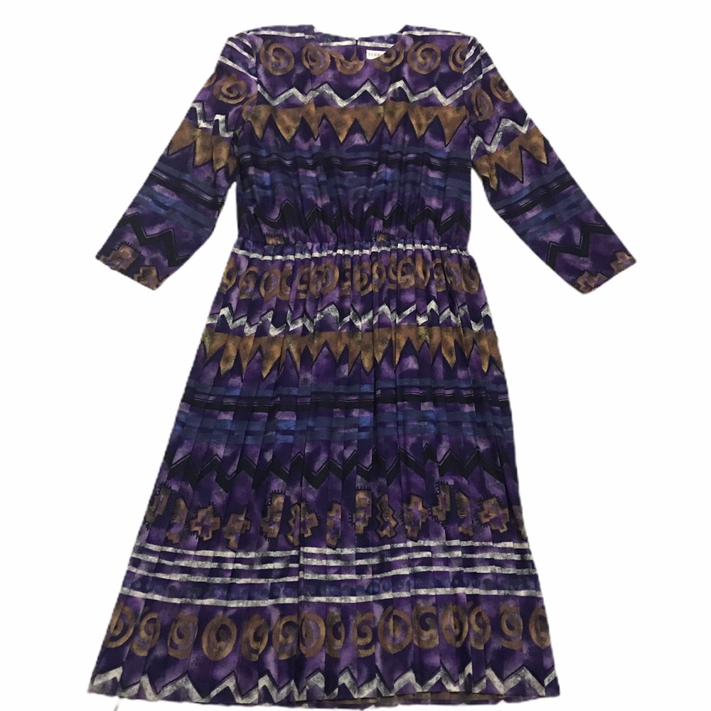 Vintage 80’s 90’s Pleated Midi Dress Retro Aztec Native Western Modest Sz Large